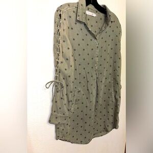 BILLY T Boho Western Dress in Army Green Star 90’s Grunge Lace up Sleeves size S
